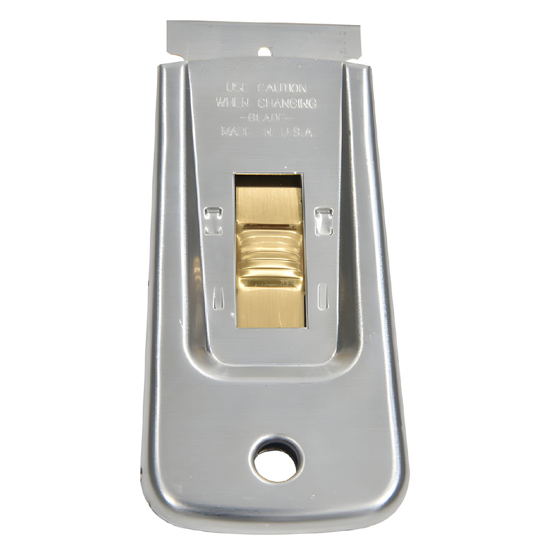 A silver metal razor blade holder and window scraper with a gold-colored sliding mechanism.