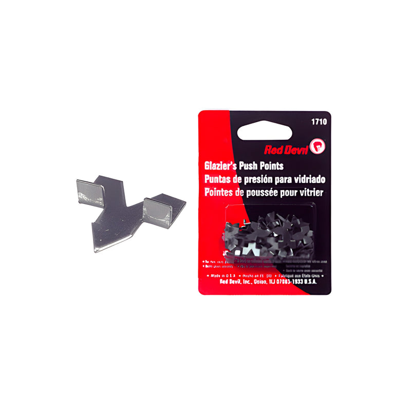 A close-up view of a single metal glazier push point next to a retail package of Red Devil brand push points.
