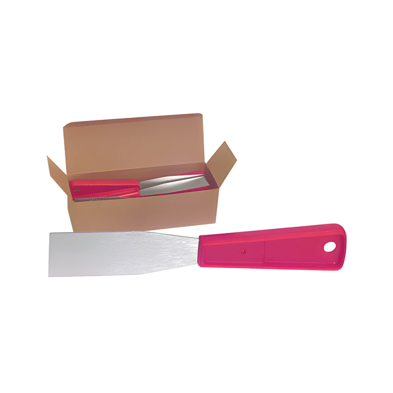 A single Red Devil stiff knife with a steel blade and red handle is shown in front of a cardboard box containing 12 units.