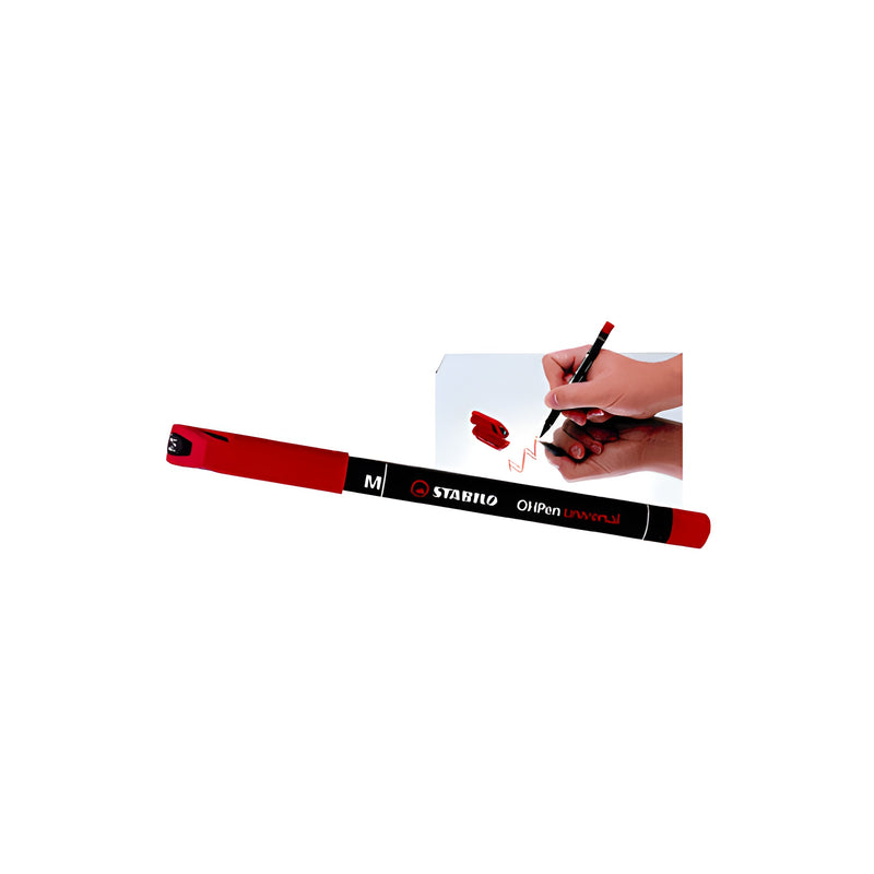 A close-up view of a red Stabilo marking pen with a hand demonstrating its use on a surface.