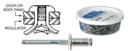 A box of 50 CRL regulator rivets shown with a single rivet and a diagram illustrating its application in a door panel.