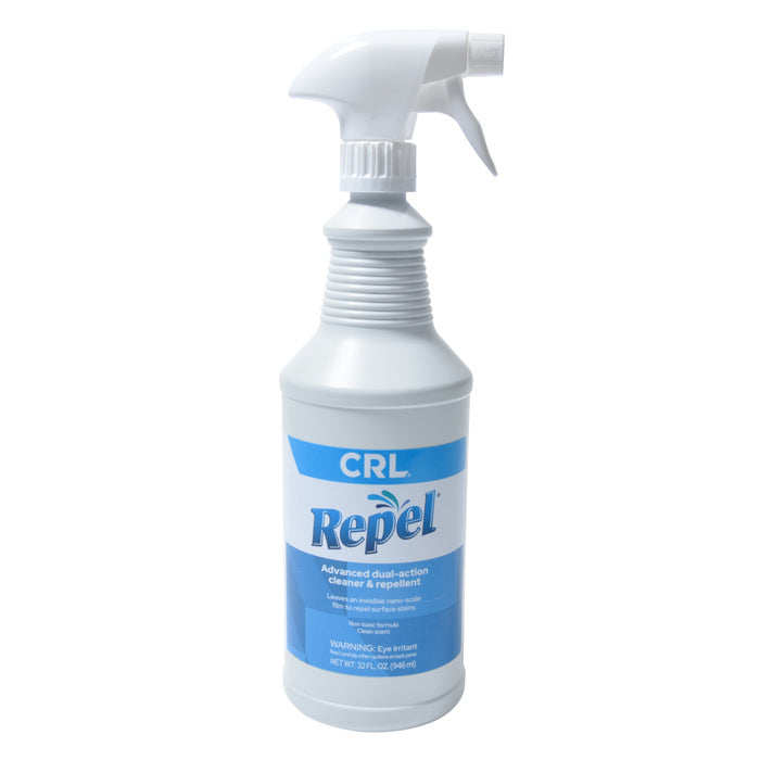 A 32 oz. white plastic spray bottle of CRL Repel all-purpose surface cleaner stands against a white background.