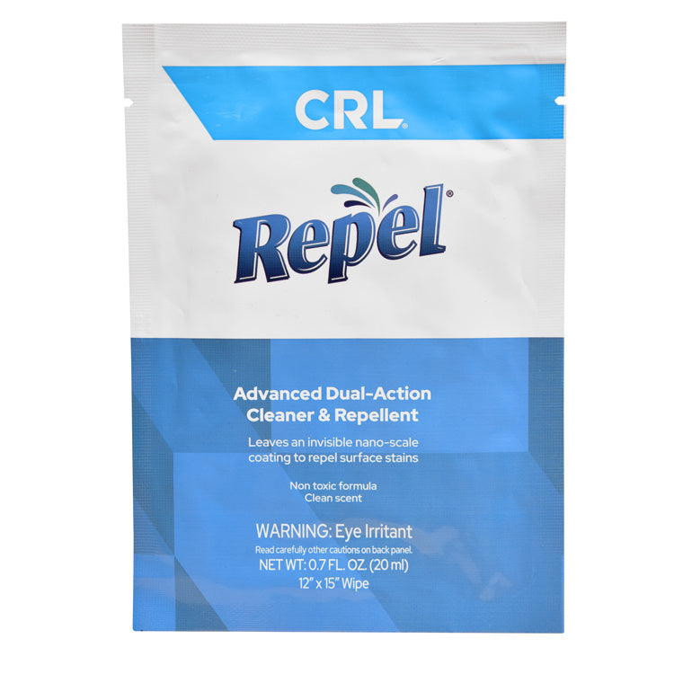 A single sample packet of CRL Repel all-purpose surface cleaner wipe featuring blue and white branding.