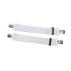 Two white elastic shoulder straps with metal clips are displayed against a plain white background.