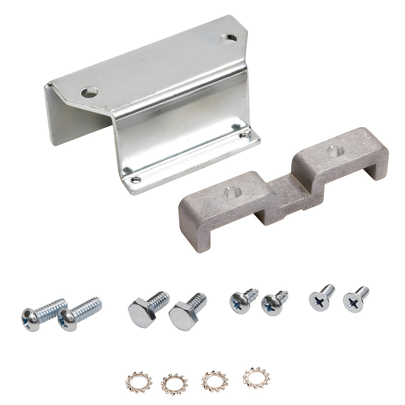 A set of metal retrofit mounting clips, brackets, and assorted screws for a 4-inch header Kawneer Husky door closer.