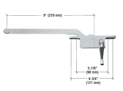 A technical diagram showing the CRL 9-inch right-hand square series casement window operator with labeled measurements.
