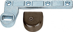 A metal right-hand offset bottom arm for floor closers is shown next to a dark bronze cover cap.
