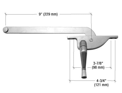 A technical diagram of a right-hand aluminum teardrop casement window operator with a 9-inch arm and labeled mounting hole dimensions.
