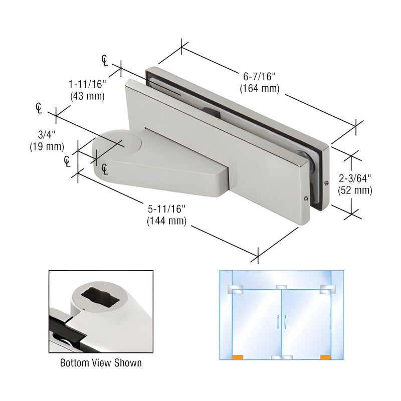 A technical diagram of a brushed stainless steel right offset bottom door patch fitting with dimension callouts and a glass door installation example.