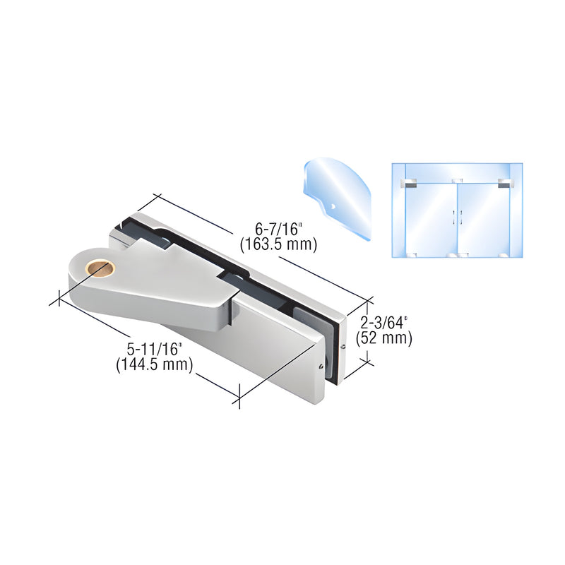 A technical diagram showing the dimensions and assembly of a polished stainless steel right-hand offset top door patch fitting for glass doors.