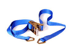 A blue 20-foot nylon tie strap with a metal ratchet mechanism and triangular end rings.
