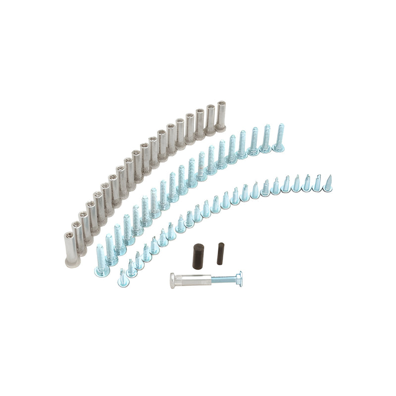 A collection of satin anodized aluminum screws and fasteners for Roton 157 series hinges.
