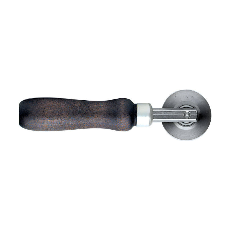A screen roller tool with a wooden handle and a 2-1/2 inch round steel wheel.
