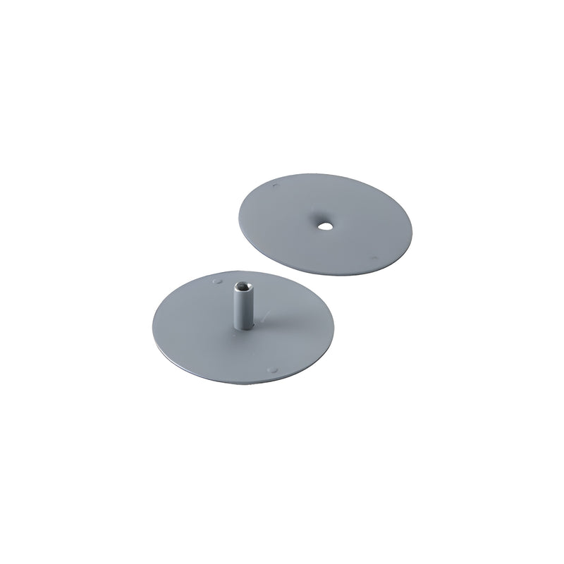 Two round steel hole filler plates with a prime coat finish are shown from different angles.