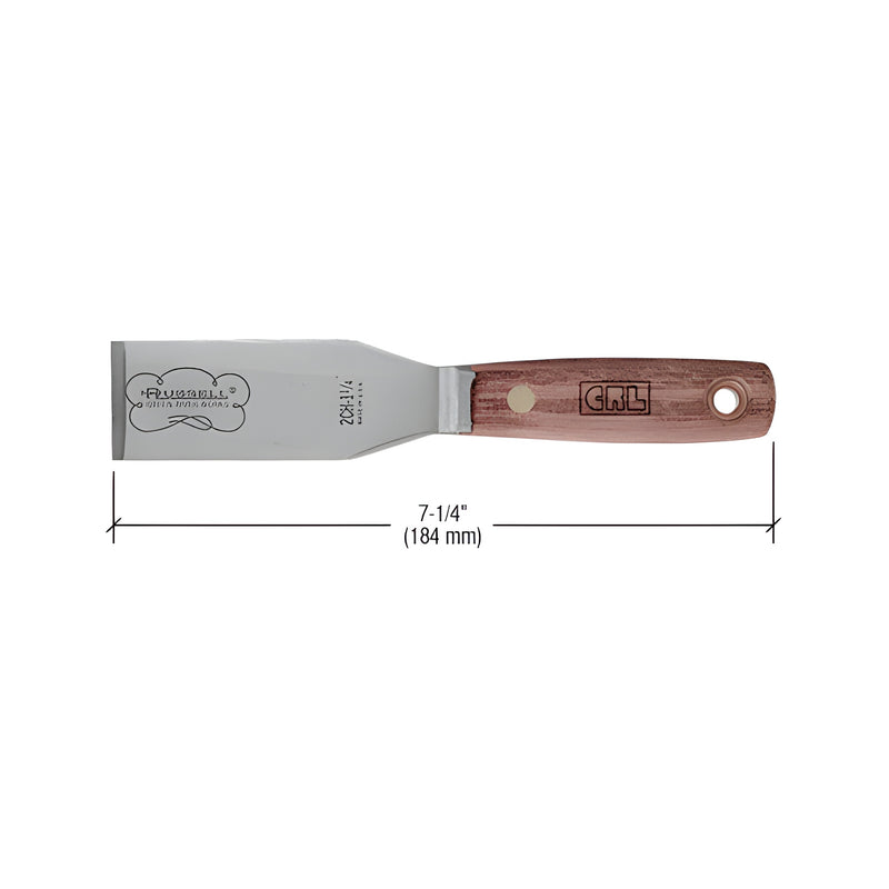 The CRL Russell putty chisel features a 1-1/4 inch steel blade and a wooden handle with a hanging hole.