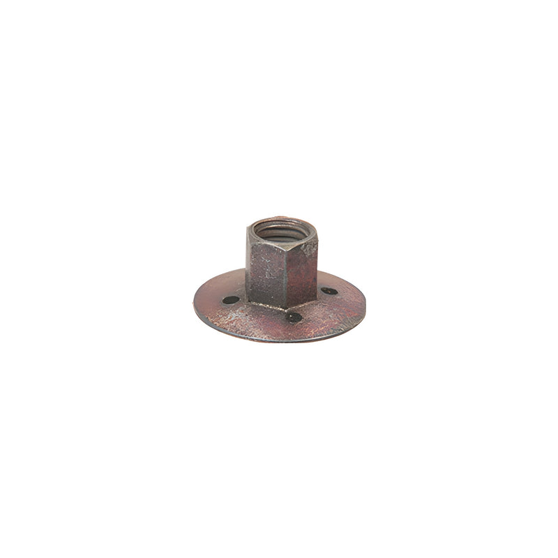 A metal locking nut with a circular base and threaded center designed for use with sander rubber pads.
