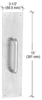 A technical diagram shows a 15-inch tall satin aluminum door plate featuring a 6-inch round solid handle pull.
