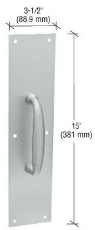 A satin aluminum pull plate with a central handle and pre-drilled mounting holes, shown with height and width dimension lines.