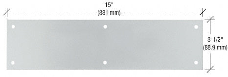 A technical diagram showing the dimensions and pre-drilled hole locations of a rectangular satin aluminum push plate.