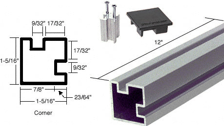 A 12-inch satin anodized aluminum corner post with a square profile, flat cap, and concealed lug base shown with a technical dimension diagram.