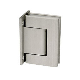 A satin anodized Biloba wall-to-glass hinge with a full back plate designed for heavy-duty glass door mounting.