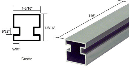 A technical diagram and perspective view of a satin anodized aluminum center post extrusion with a square profile.