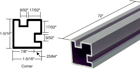 A 72-inch satin anodized aluminum corner post extrusion shown with a technical cross-section diagram.