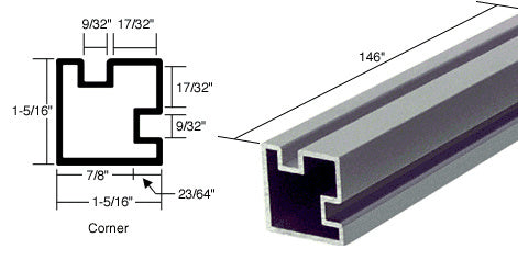 A technical diagram and perspective view of a 146-inch satin anodized aluminum 90-degree corner post extrusion with pocket glazing.