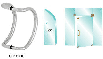 A satin anodized curved pull handle shown with a glass mounting diagram and a glass door installation example.