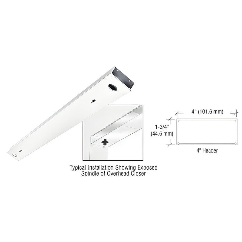 A satin anodized double door header measuring 4 inches by 82.5 inches shown with a technical profile and installation detail.