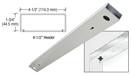 A satin anodized double door header shown with a technical cross-section diagram and a close-up of the mounting hardware.