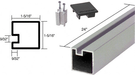 A 24-inch satin anodized aluminum end counter post shown with its square profile diagram, mounting hardware, and flat cap.