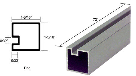 A technical diagram and perspective view of a 72-inch satin anodized aluminum end post extrusion with a square tube profile.