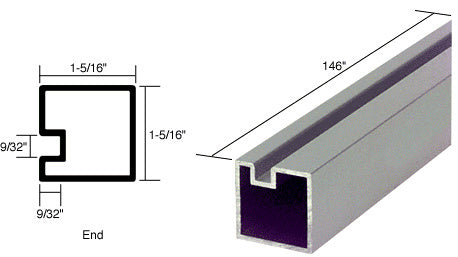 A technical diagram and perspective view of a satin anodized aluminum square end post extrusion with a 9/32-inch glazing pocket.