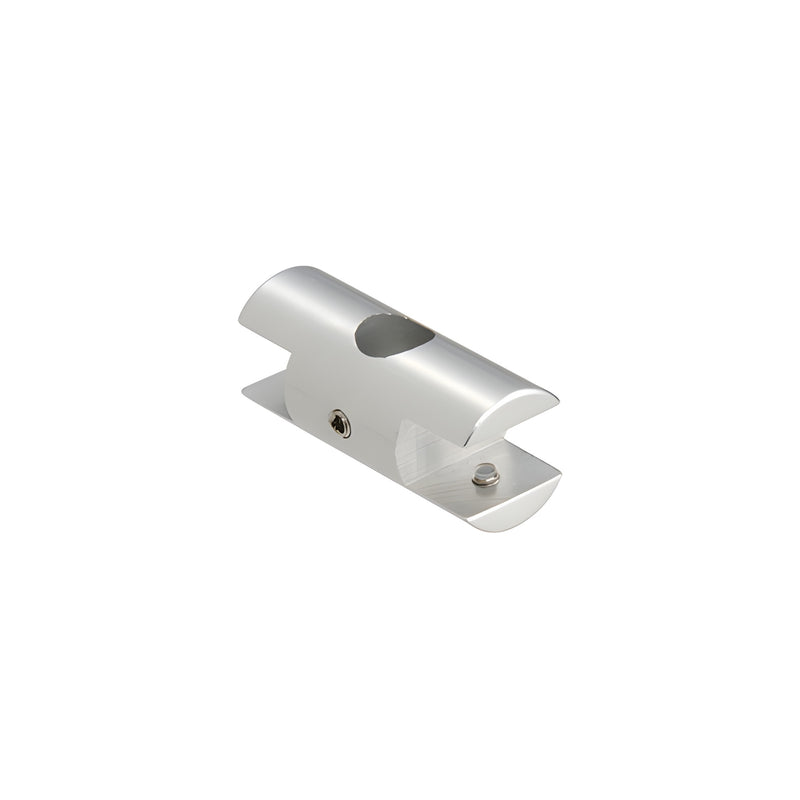 A satin anodized aluminum horizontal double clamp designed for 3/8 inch thick glass panels.