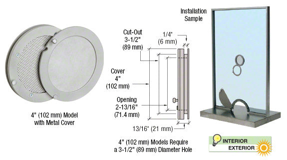 A satin anodized aluminum speak-thru unit shown with a metal cover, technical dimension diagram, and an installation sample in a glass partition.