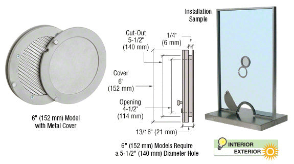 A satin anodized aluminum speak-thru unit with a metal cover, technical dimension diagram, and an installation sample mounted in glass.