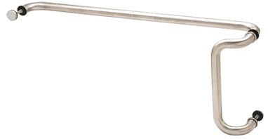 A satin anodized metal back-to-back offset push and pull handle set for glass doors.