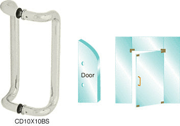 A satin anodized offset pull handle shown with a diagram illustrating back-to-back mounting on a glass door.