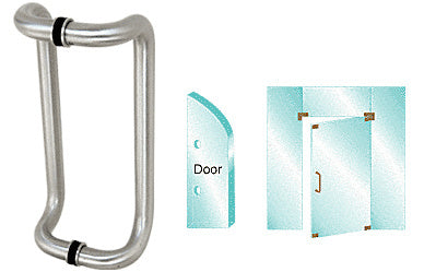 A satin anodized offset pull handle shown with diagrams illustrating back-to-back mounting on a glass door.