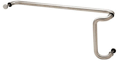 A satin anodized metal offset combination push and pull handle set with a 12-inch pull and 33-inch push center-to-center mounting.