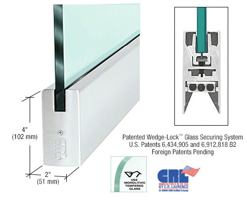 A satin anodized aluminum square door rail for 1/2 inch glass shown with a cross-section diagram of the Wedge-Lock securing system.