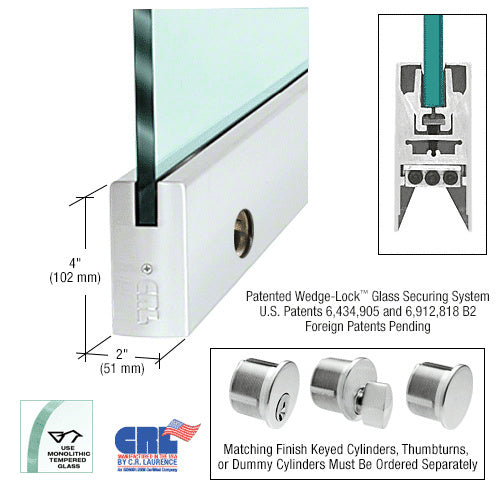 A satin anodized aluminum square door rail for 1/2 inch glass, featuring a 41-inch length and integrated lock cylinder prep.
