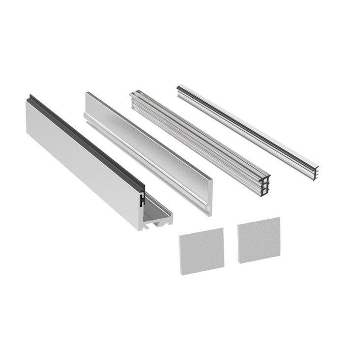 A set of satin anodized aluminum two-piece glazing channel components shown with two square end caps.