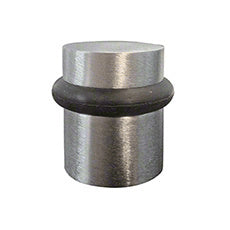 A cylindrical satin anodized door stop with a black rubber bumper ring around the center.