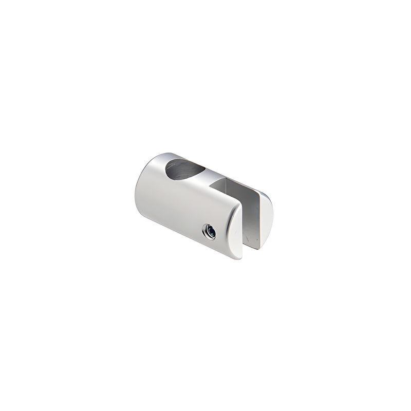 A satin anodized aluminum vertical single clamp for 1/4 inch glazing.