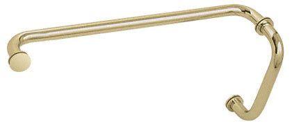 A satin brass BM series combination pull handle and towel bar with metal washers for glass shower doors.