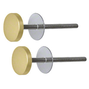 Two satin brass Cologne low profile studs with threaded bolts and clear washers for glass mounting.
