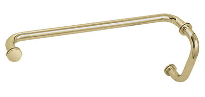 A satin brass BM series combination pull handle and 18-inch towel bar designed for glass shower door mounting.
