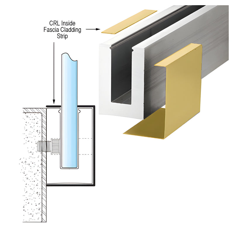 A technical diagram showing the installation of a CRL satin brass inside fascia cladding strip onto a railing base shoe.